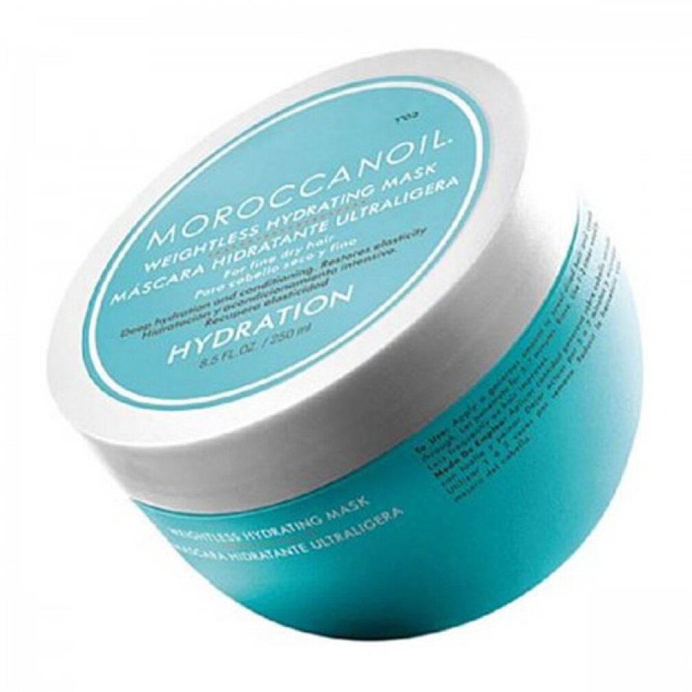 Vaso turchese e bianco. Scritta: Moroccanoil, Weightless Hydrating Mask, Mascara Hidratante Ultraligera, Hydration.
