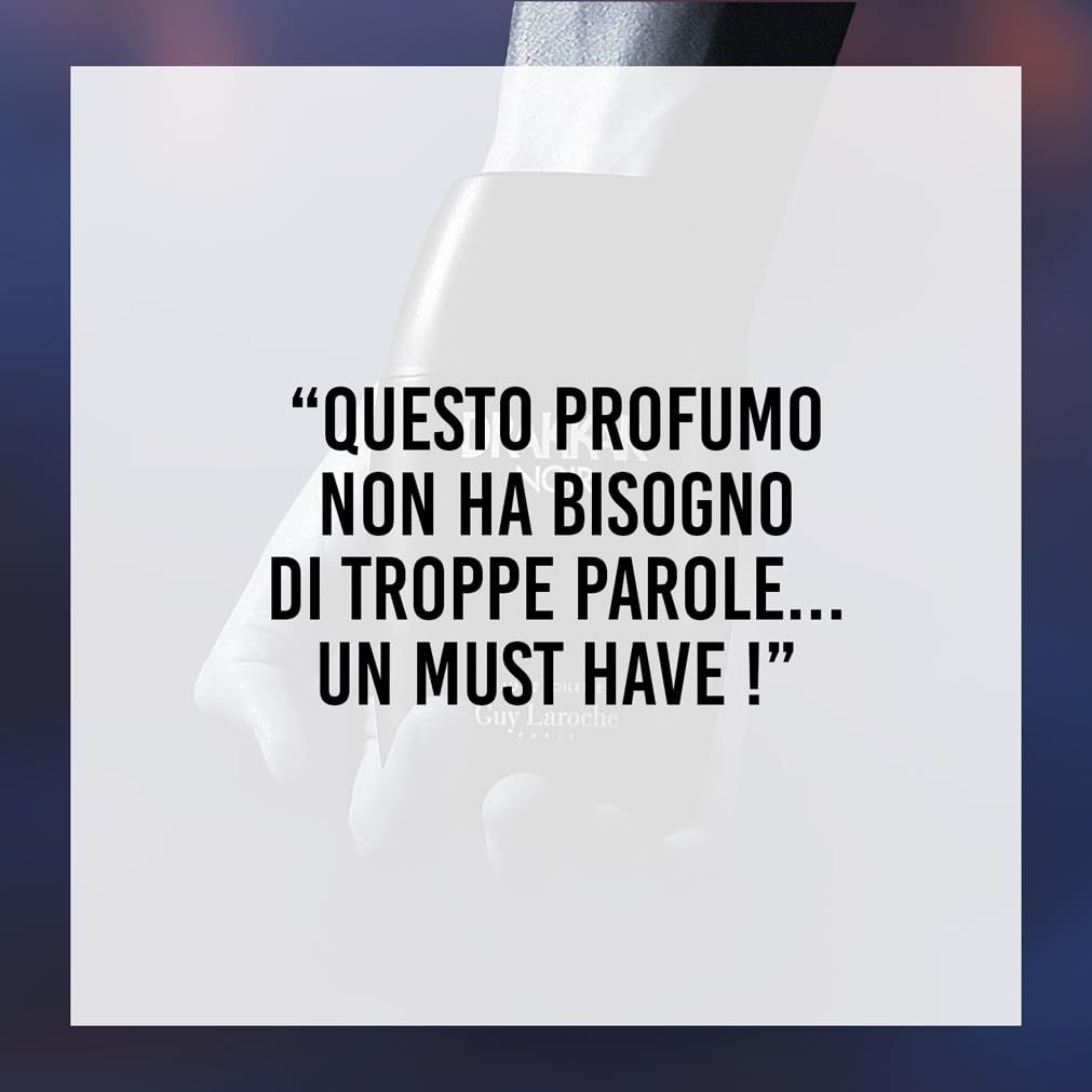 Testo citato: 'Questo profumo non ha bisogno di troppe parole... un must have!' Il testo è su sfondo bianco con sfondo sfocato.