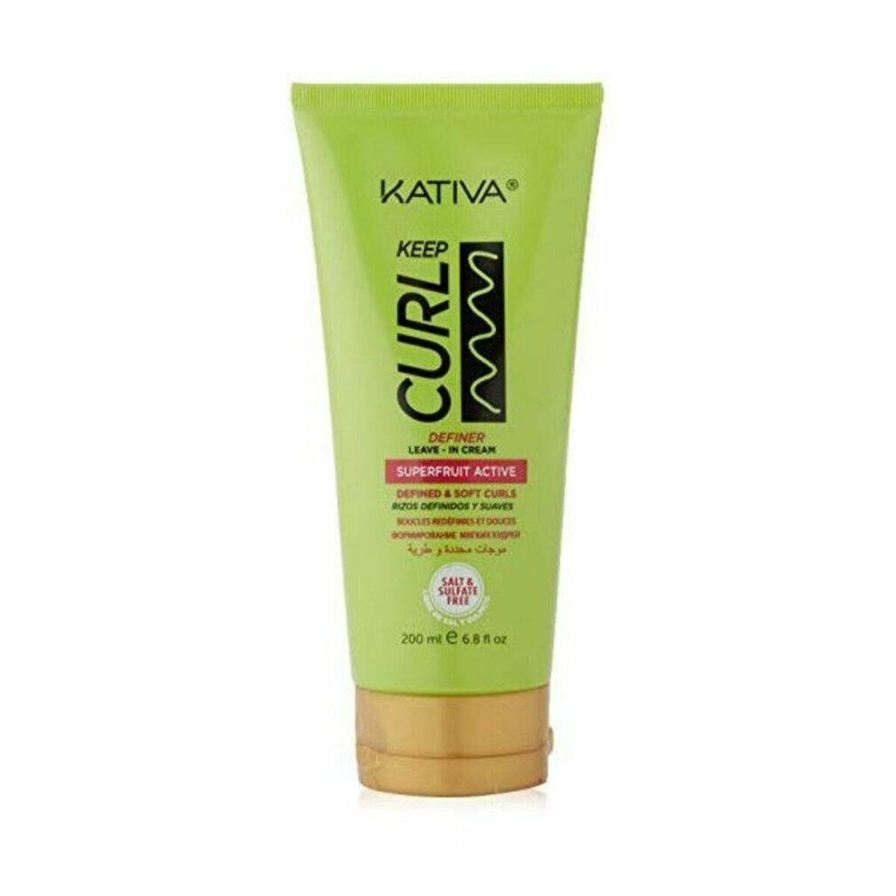 Tubo verde con tappo giallo. Sul tubo è scritto Kativa Keep Curl Definer Leave-In Cream. Testo e motivo a onde in nero.