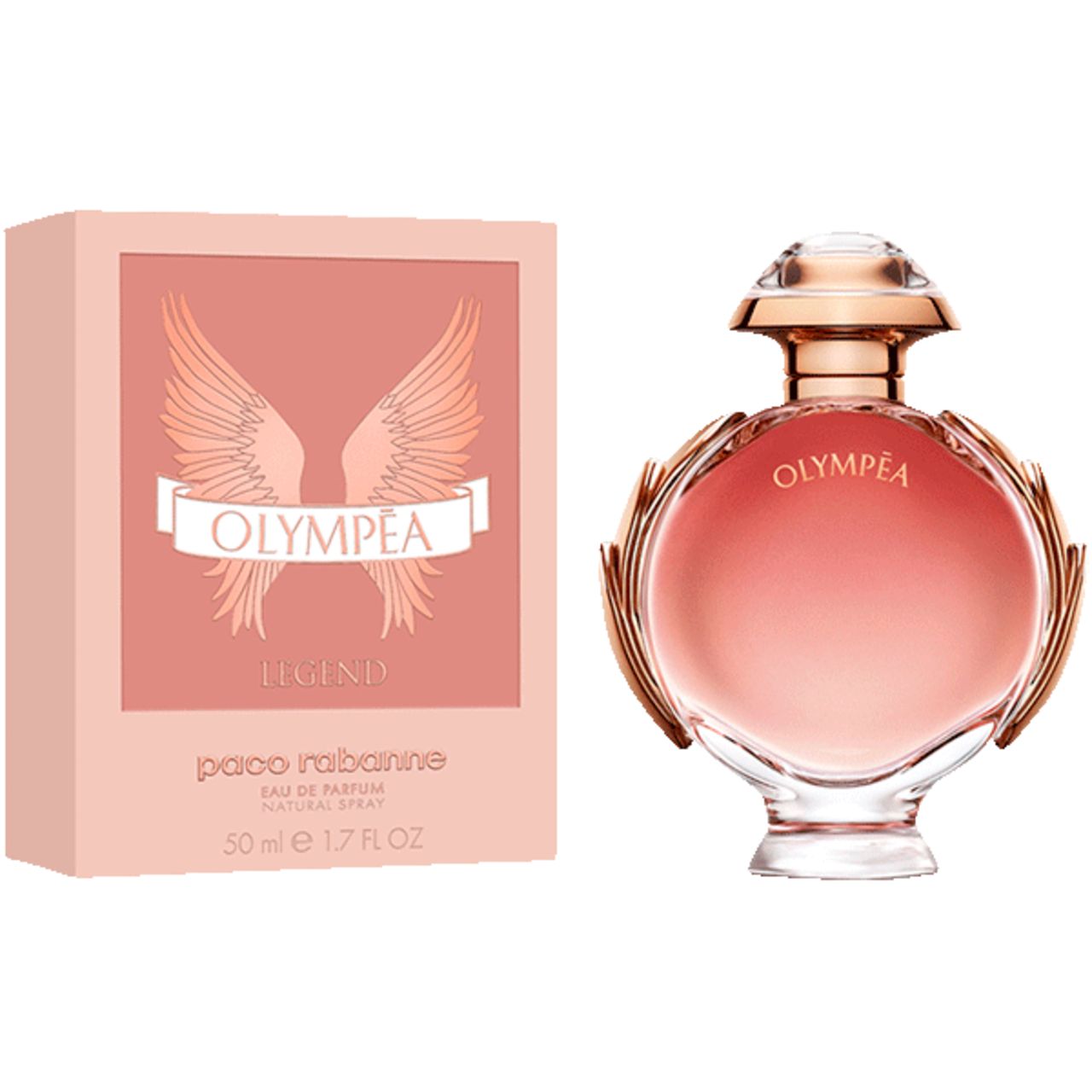 Olympéa Legend E.d.P. Nat. Spray di Paco Rabanne. Flacone e confezione. Sfumatura rosa, dettagli dorati.