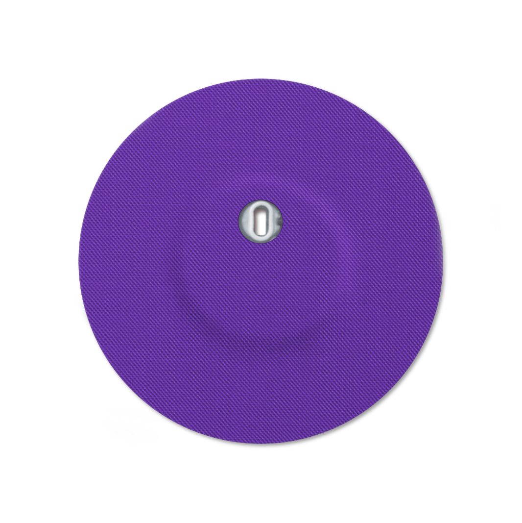 Cerotto di fissaggio rotondo viola con foro. Elemento argentato centrale.