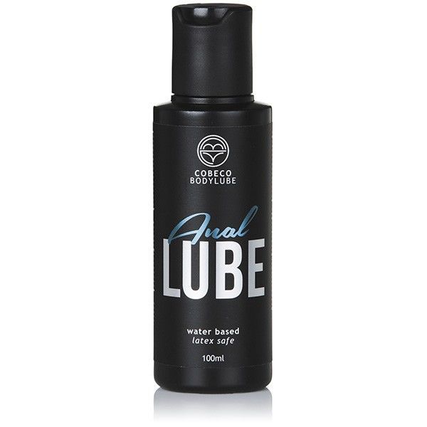 Flacone nero di Cobeco Anal Lube, a base d'acqua, sicuro per lattice. 100ml.