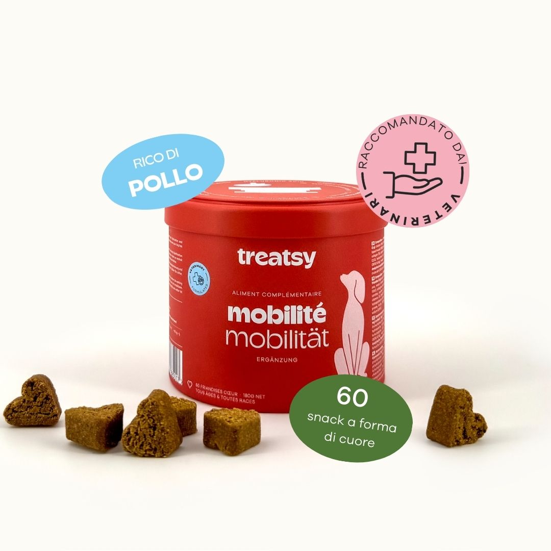 Barattolo rosso "Treatsy" con "mobilità mobilità". Snack a forma di cuore accanto.