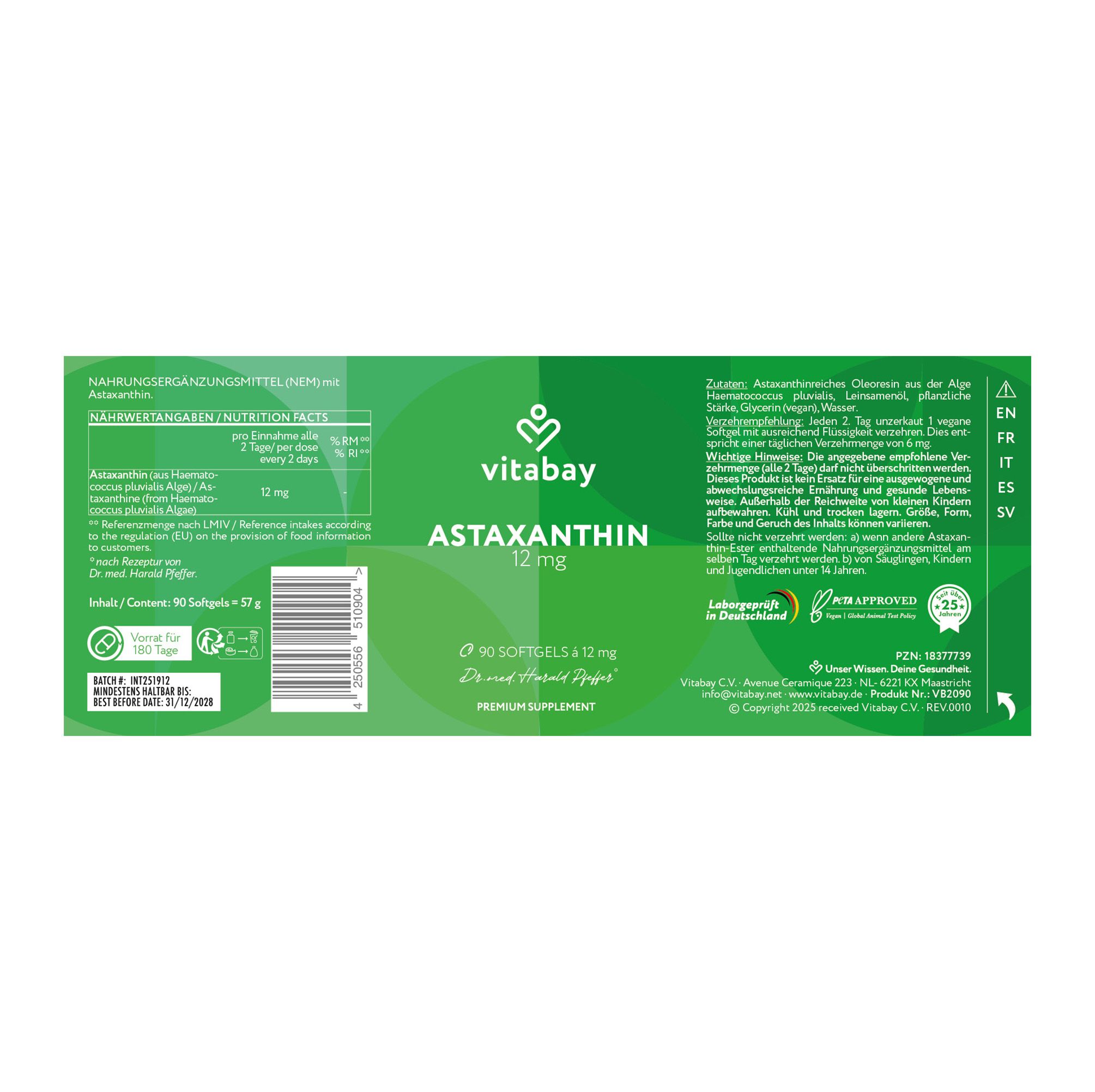 Confezione con informazioni sul prodotto. Scritta: Astaxantina 12 mg. Logo Vitabay. Certificazioni.