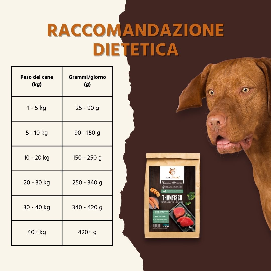 Tabella delle raccomandazioni dietetiche con pesi e grammi/giorno. Cane accanto a un sacco di WILDFANG Thunfisch.