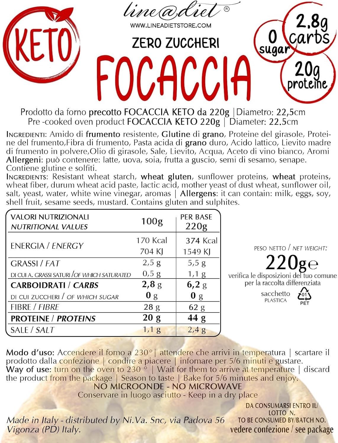 Focaccia Keto confezionata con informazioni nutrizionali, elenco ingredienti e logo "Keto".