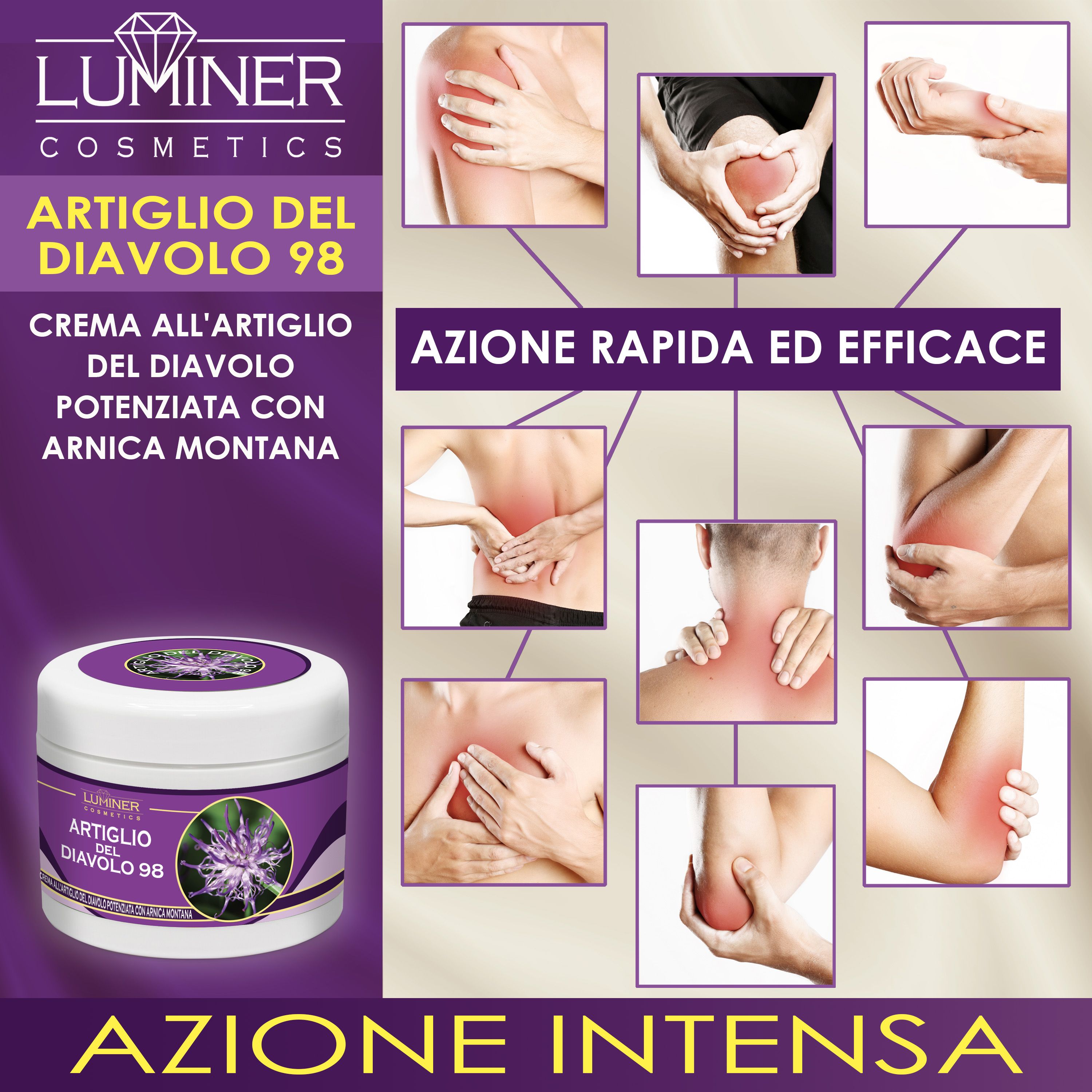 Collage di parti del corpo con punti di dolore: spalla, ginocchio, schiena, collo, gomito, polso. Vaso LUMINER a sinistra.