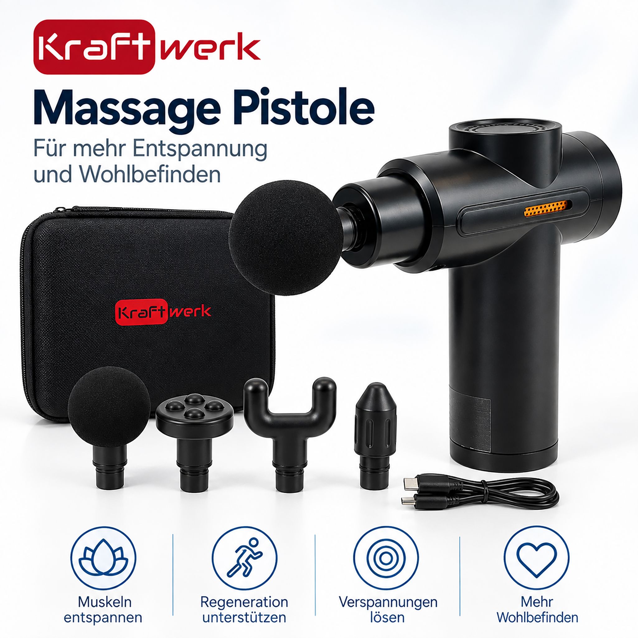 Pistola massaggiante con 4 testine, custodia e cavo USB.
