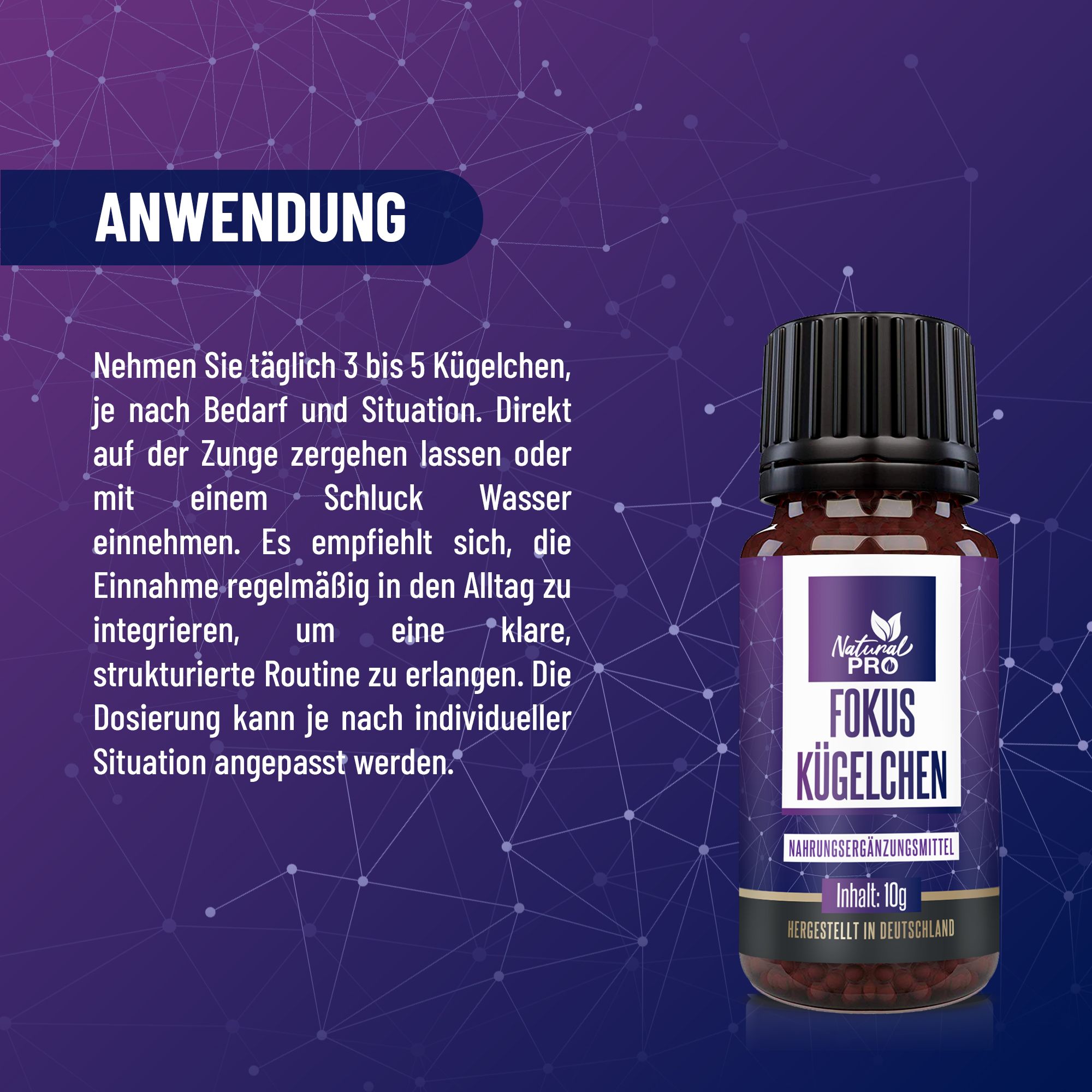 Flacone con etichetta del prodotto. Testo: Applicazione. Assumere 3-5 granuli al giorno. Sciogliere sulla lingua o con acqua.