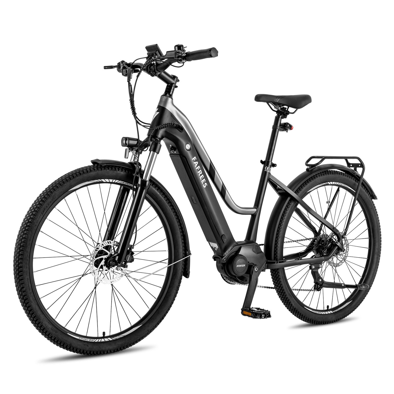 E-bike nera con motore centrale. Logo FAFREES sul telaio. Portapacchi, parafanghi e pneumatici neri.