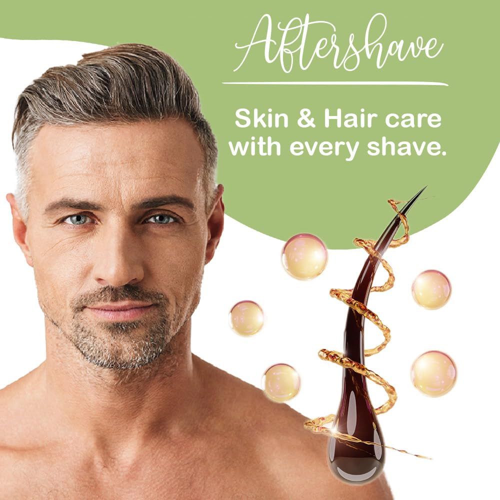 Uomo con dopobarba. Testo: Cura della pelle e dei capelli ad ogni rasatura. Capelli con gocce dorate.