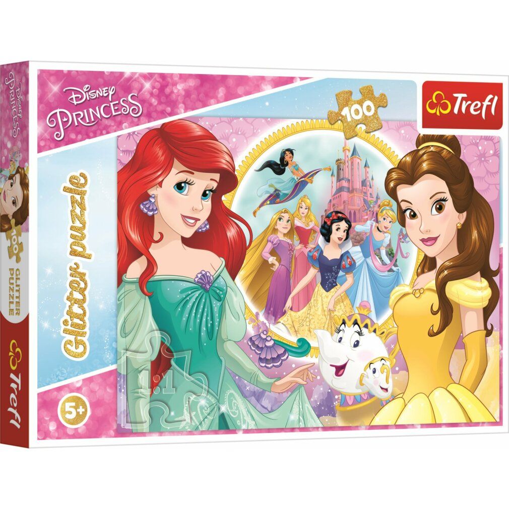 Scatola puzzle Disney Princess. Ariel e Belle raffigurate. 100 pezzi, effetto glitter. Età consigliata: 5+