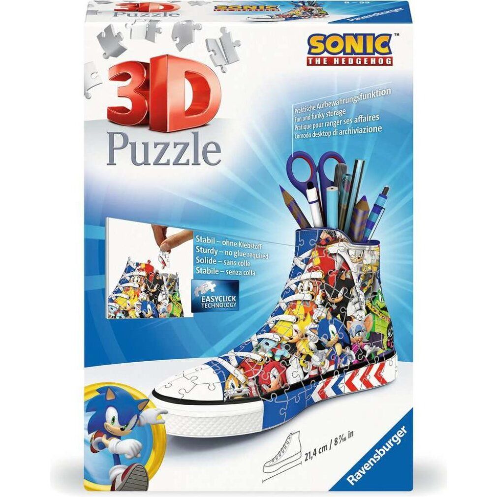 Confezione per sneaker puzzle 3D con motivo Sonic. Contiene puzzle sneaker, penne, forbici. Con logo e informazioni prodotto.