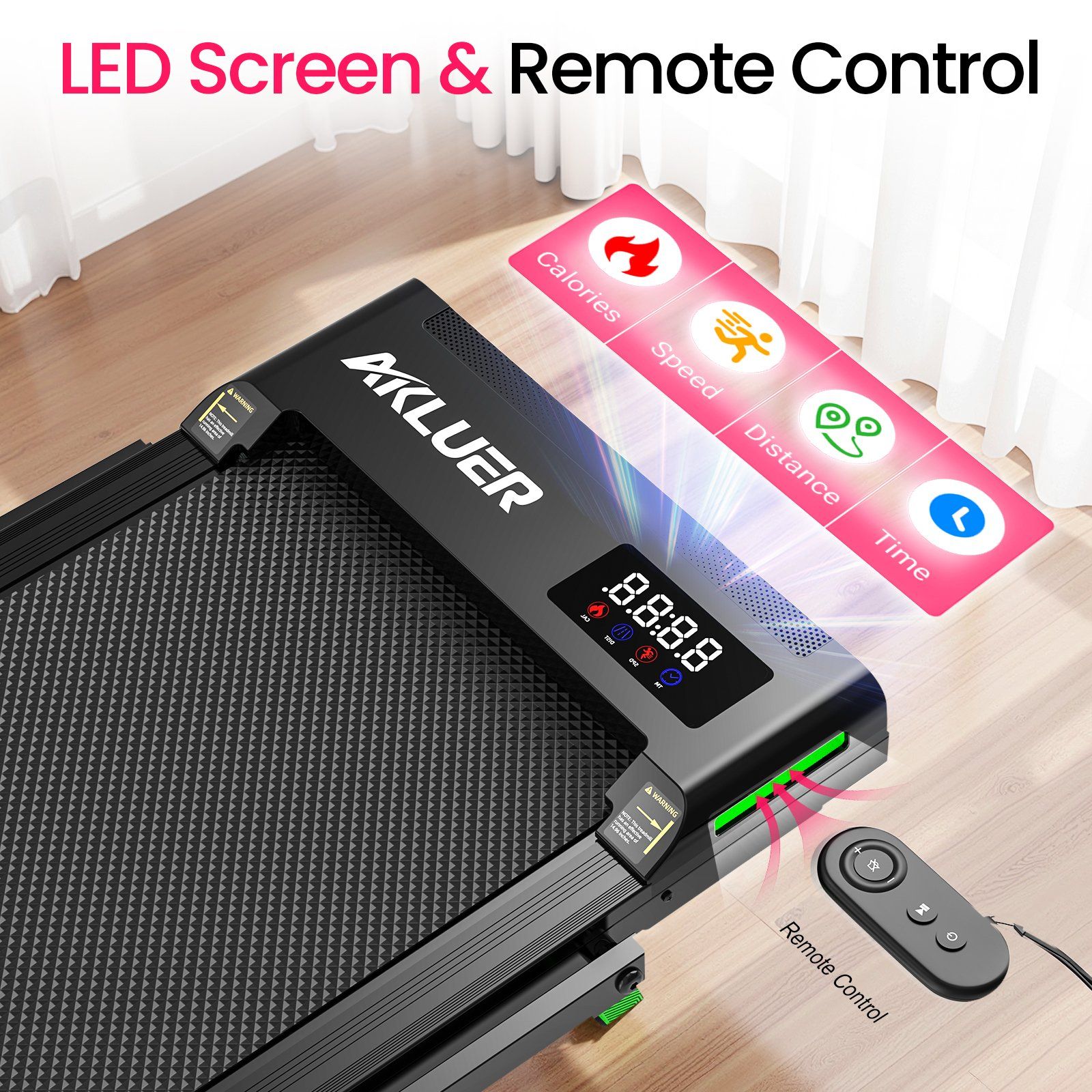 Tapis roulant con display a LED e telecomando per calorie, velocità, distanza, tempo.