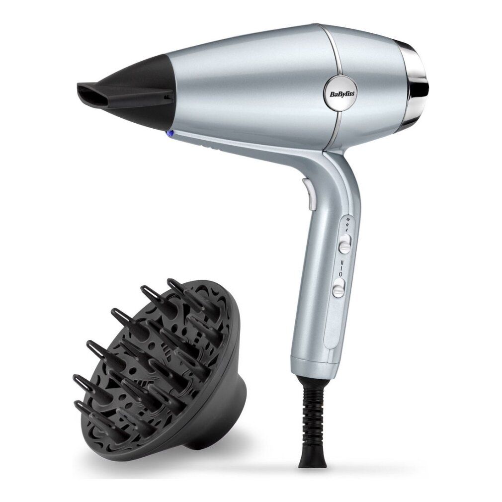 Asciugacapelli argento con ugello nero e diffusore. Marchio BaByliss. Il diffusore ha piccoli denti.