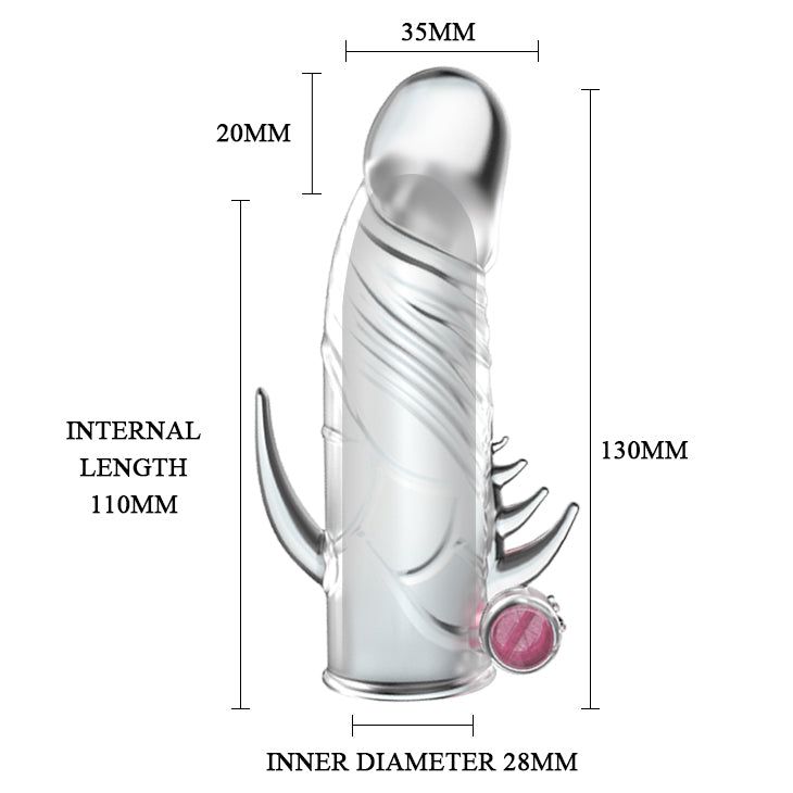 Guaina peniena trasparente con misure: 130mm lunghezza, 35mm larghezza, 28mm diametro interno, 110mm lunghezza interna.