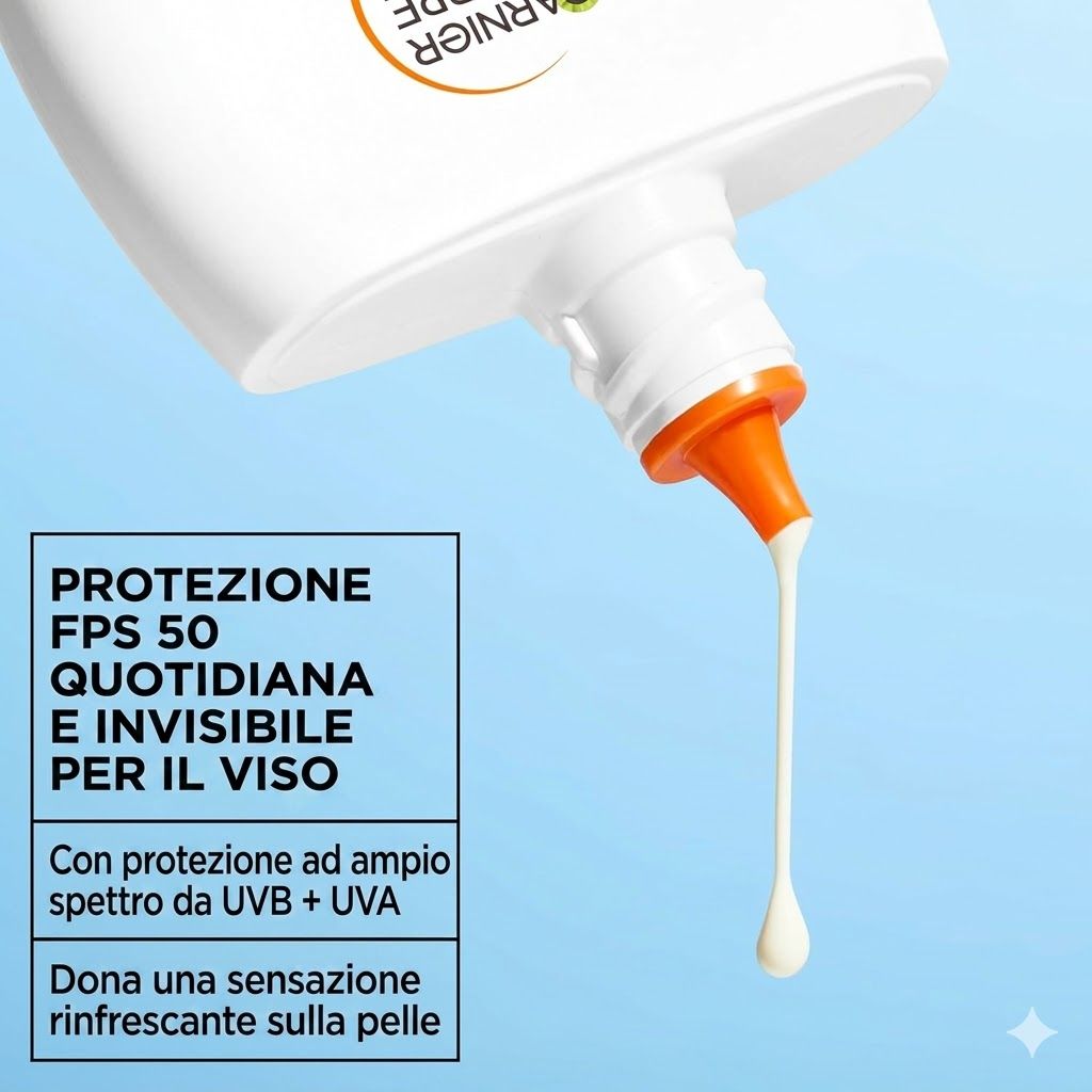 Garnier Ambre Solaire Super UV LSF 50 Gesicht. Prodotto che esce dalla bottiglia. Testo: Protezione quotidiana e invisibile.