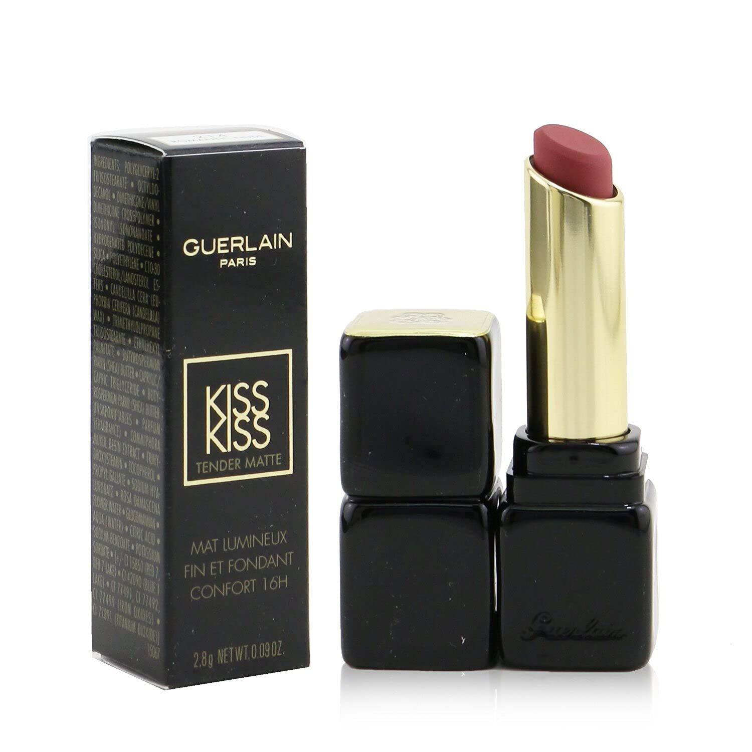 Rossetto con confezione nera. Supporto dorato. Sulla confezione, Guerlain Paris, Kiss Kiss Tender Matte.