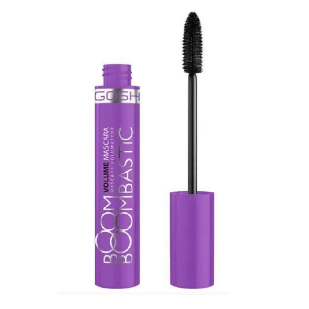 Tubo di mascara viola con spazzola nera. Scritta: GOSH BOOMBASTIC VOLUME.