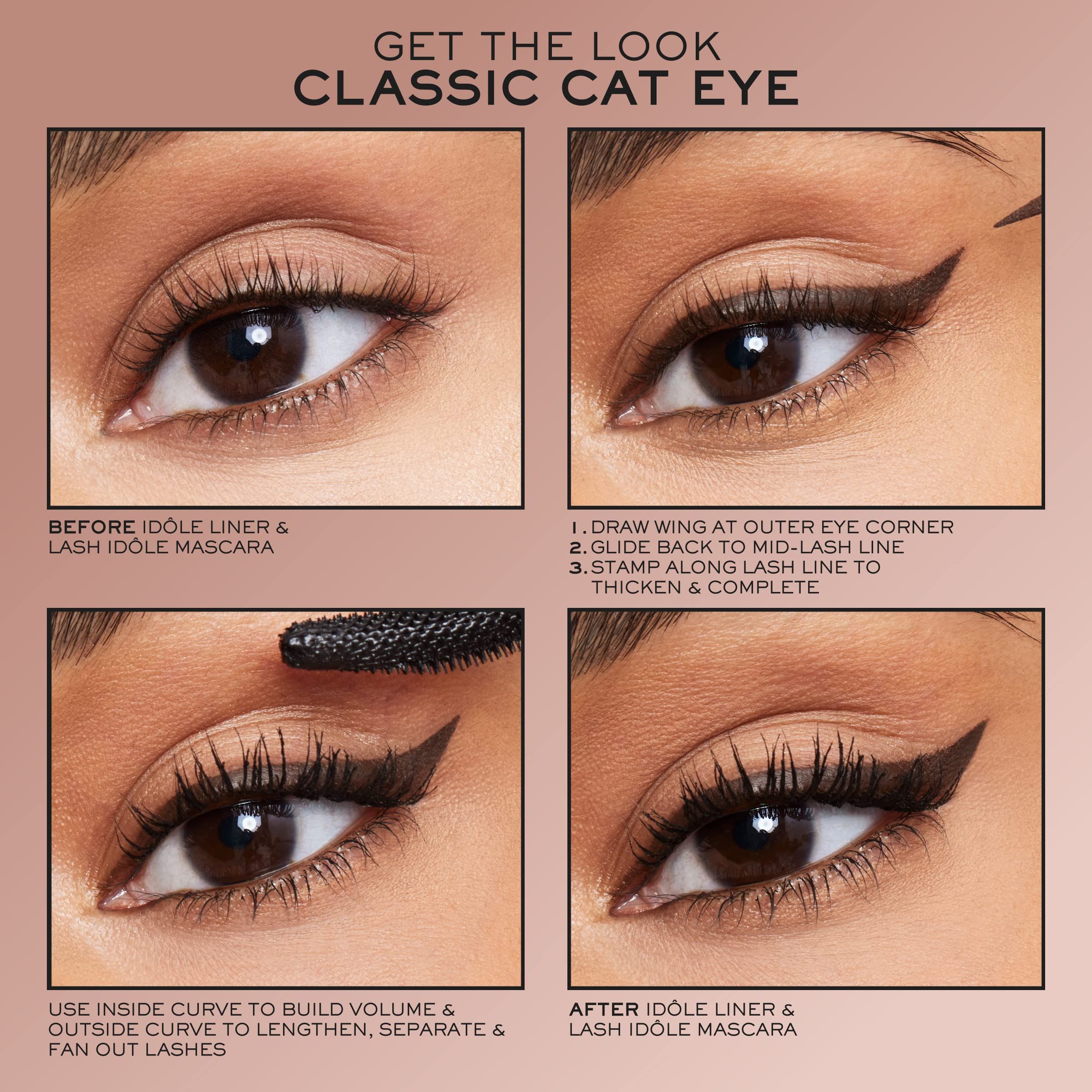 Quattro immagini mostrano l'applicazione dell'eyeliner. Testo: GET THE LOOK CLASSIC CAT EYE, BEFORE IDÔLE LINER & LASH IDÔLE MASCARA, AFTER IDÔLE LINER & LASH IDÔLE MASCARA.