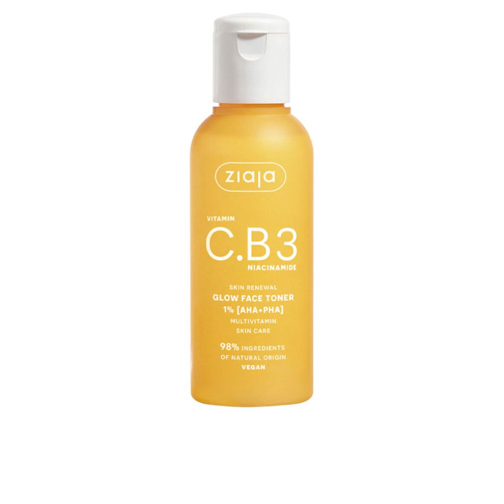 Flacone giallo con tappo bianco. Scritta: Ziaja, Vitamin C.B3, Glow Face Toner, Niacinamide. Vegano.
