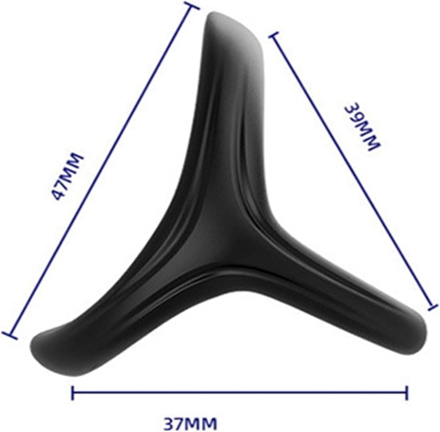 Anello per pene nero. Forma triangolare. Dimensioni: 47mm, 39mm, 37mm.