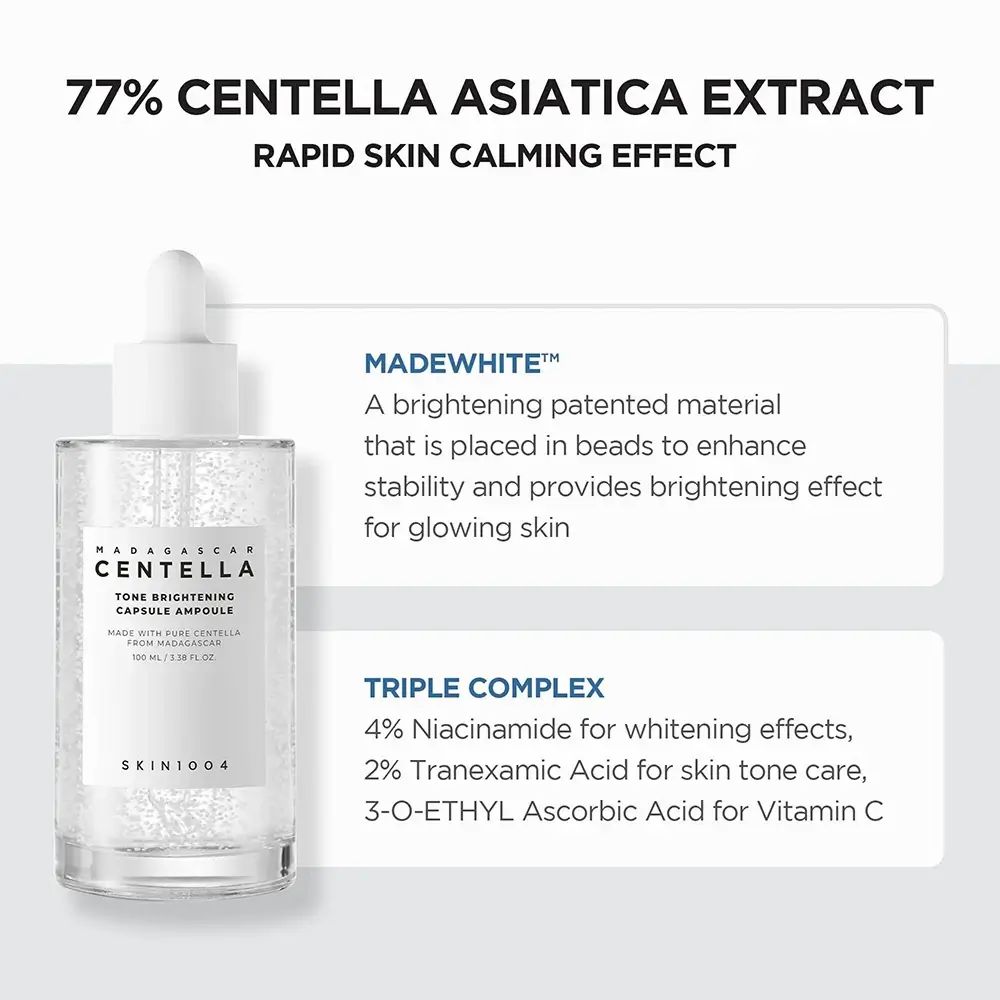 Flacone con testo. Scritta: CENTELLA, TONE BRIGHTENING CAPSULE AMPOULE. Logo SKIN1004. Testo sugli ingredienti.