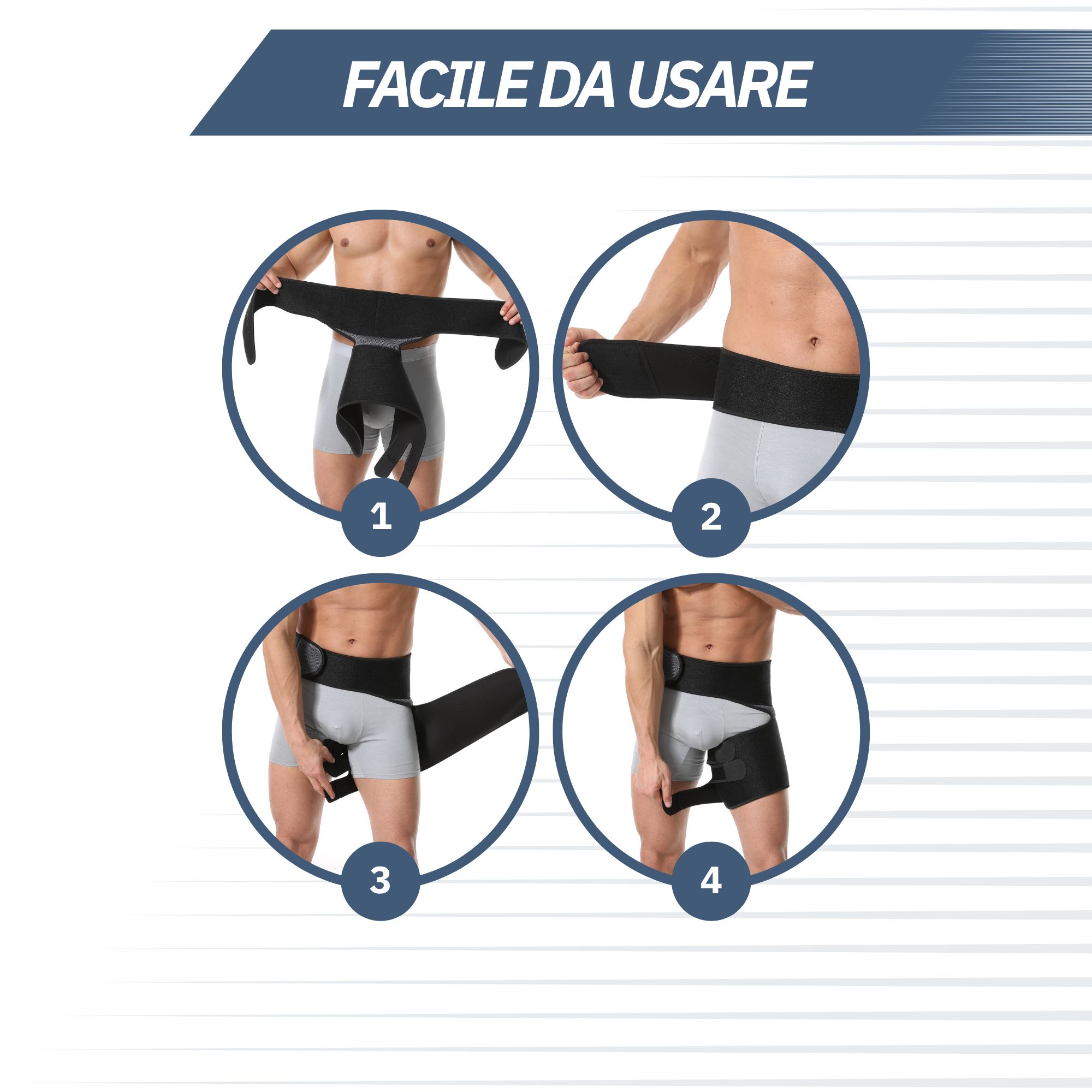 Istruzioni per l'uso di un bendaggio anca e coscia in quattro passaggi.