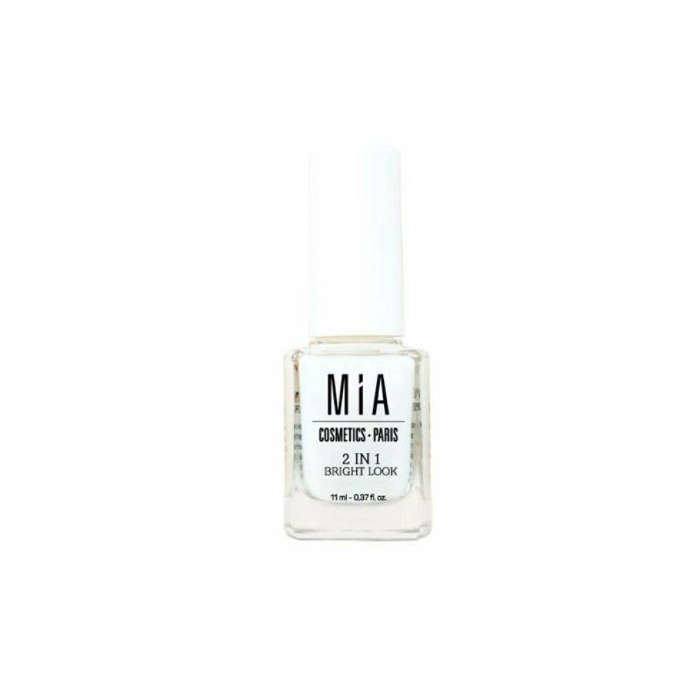 Prodotto per unghie con tappo bianco. Scritta: Mía Cosmetics Paris, 2 in 1 Bright Look.