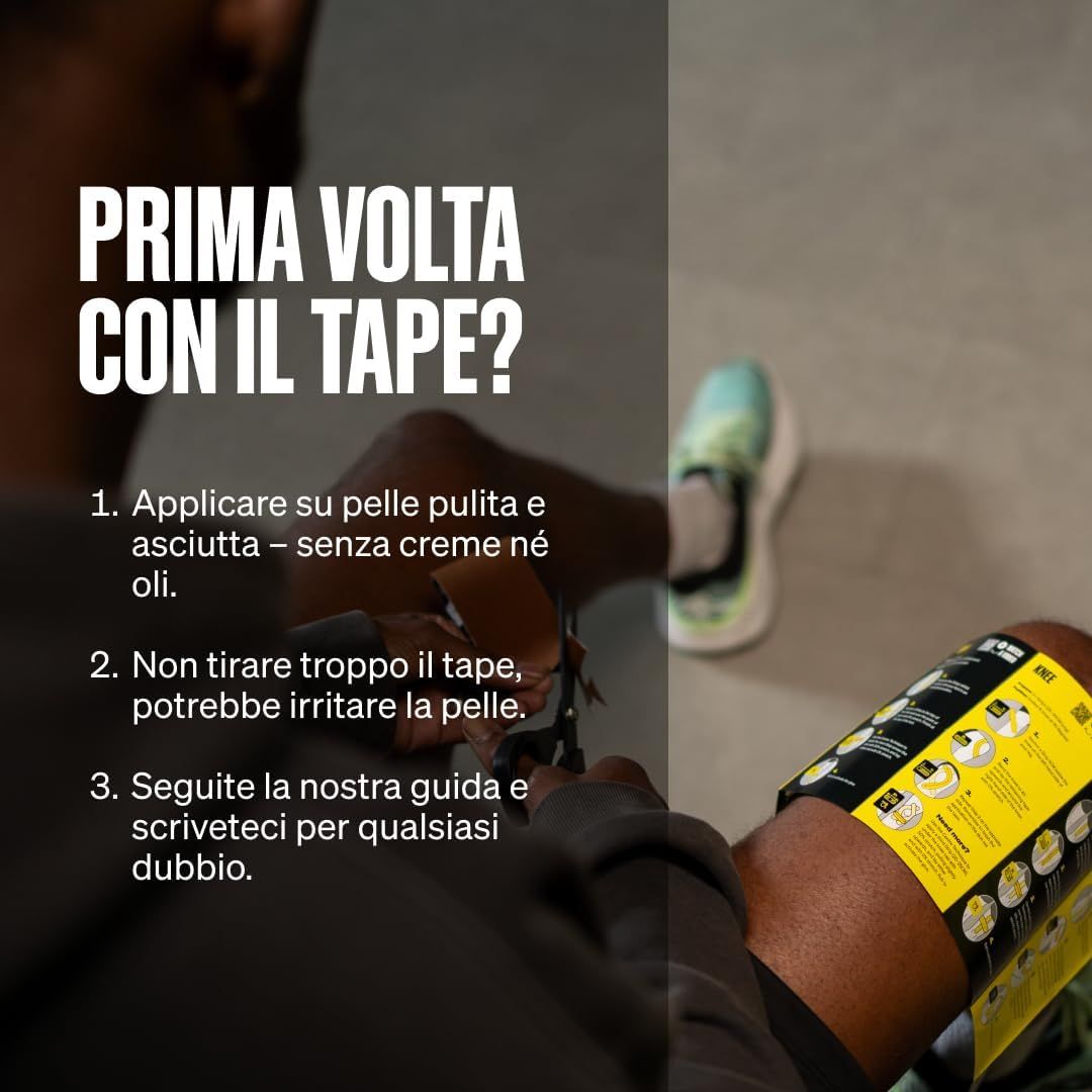 Istruzioni per l'applicazione del nastro kinesiologico, marrone, con testo 'Prima volta con il tape?'.