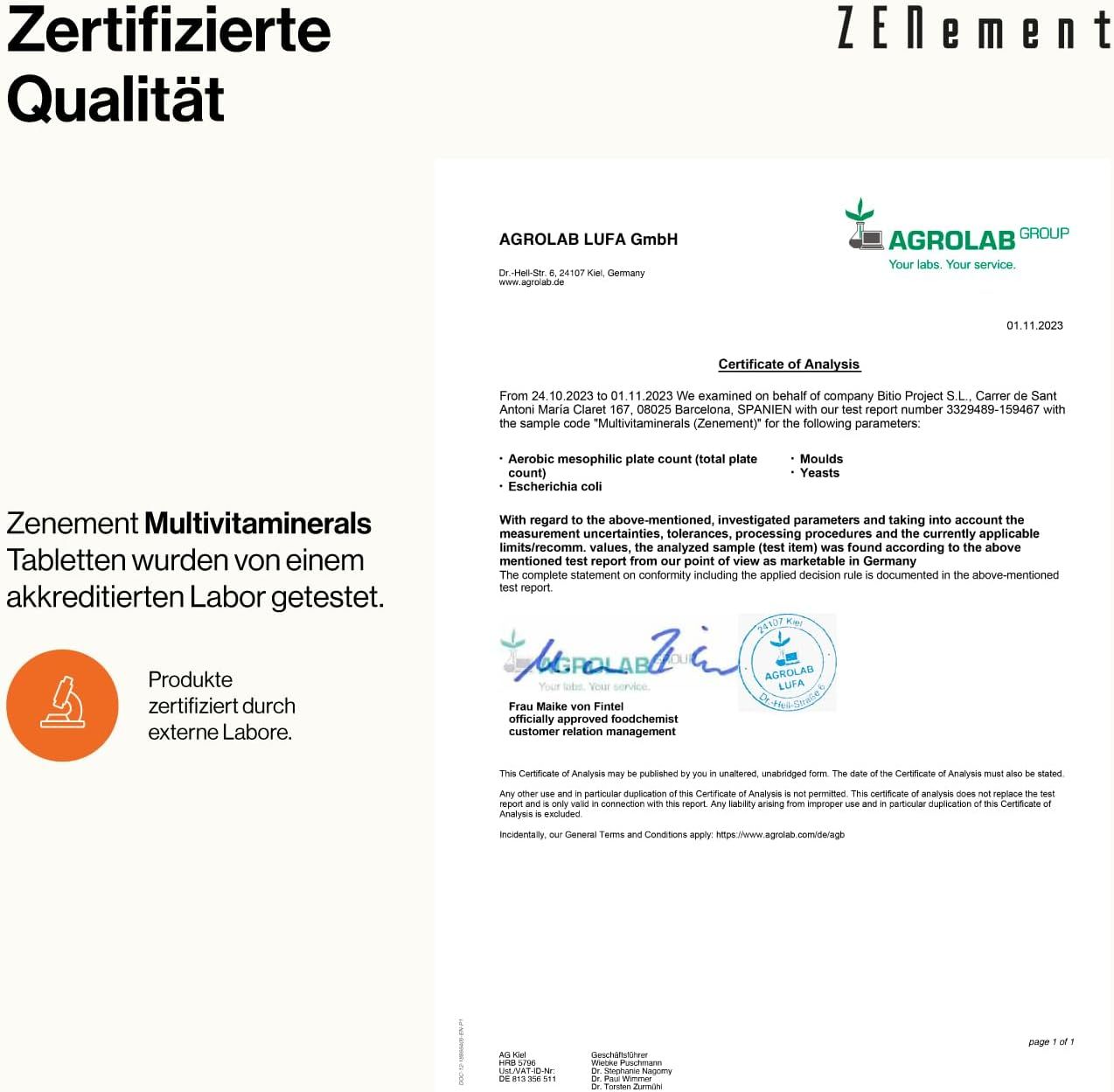 Certificato di AGROLAB LUFA GmbH. Testo: Le compresse di multivitaminerali Zenement sono state testate da un laboratorio accreditato.