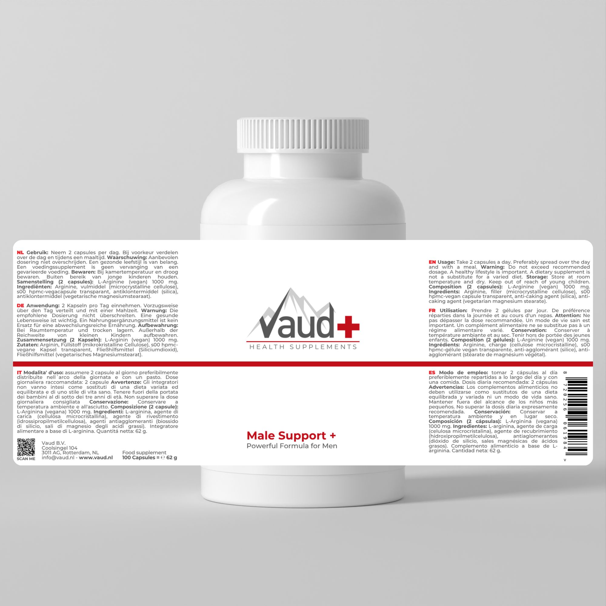 Retro del flacone. Testo: Vaud+ Male Support. Ingredienti, uso, informazioni nutrizionali.