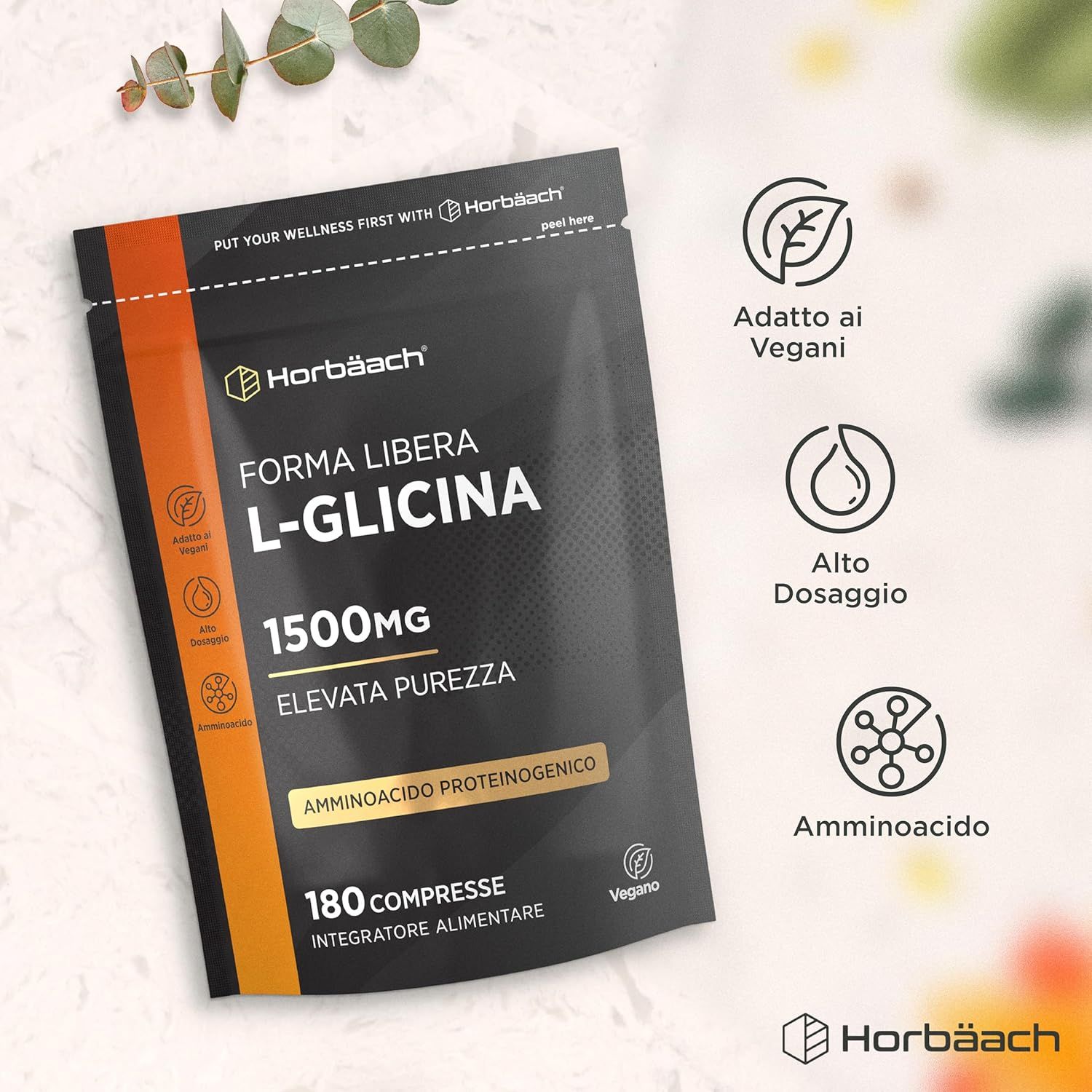 Confezione di L-Glicina 1500mg. 180 compresse. Aminoacido. Vegano.