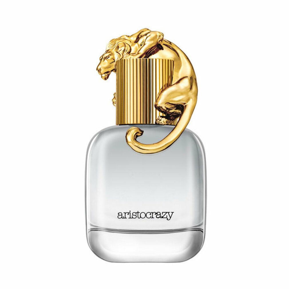 Flacone in vetro trasparente con tappo dorato e decoro pantera. Scritta "aristocrazy".