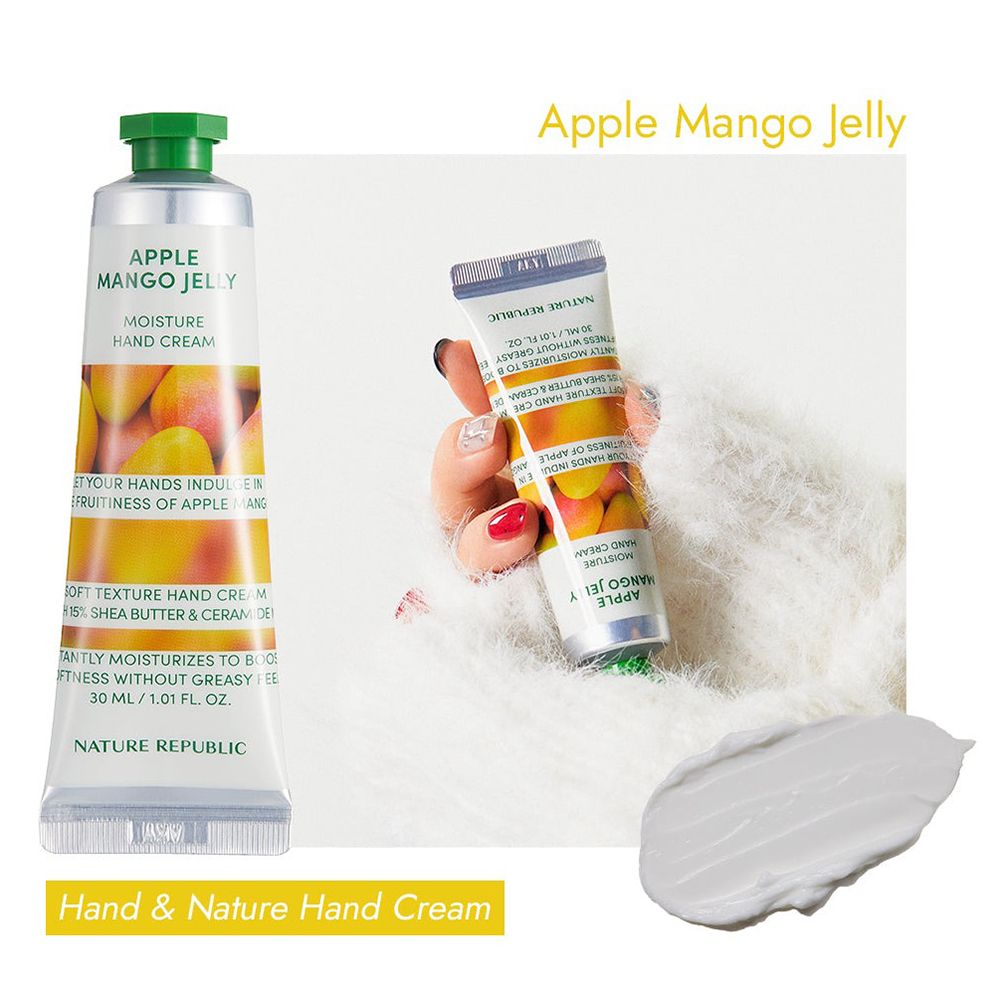 Tubo di crema mani Apple Mango Jelly. Logo e immagine mango. Macchia di crema accanto.