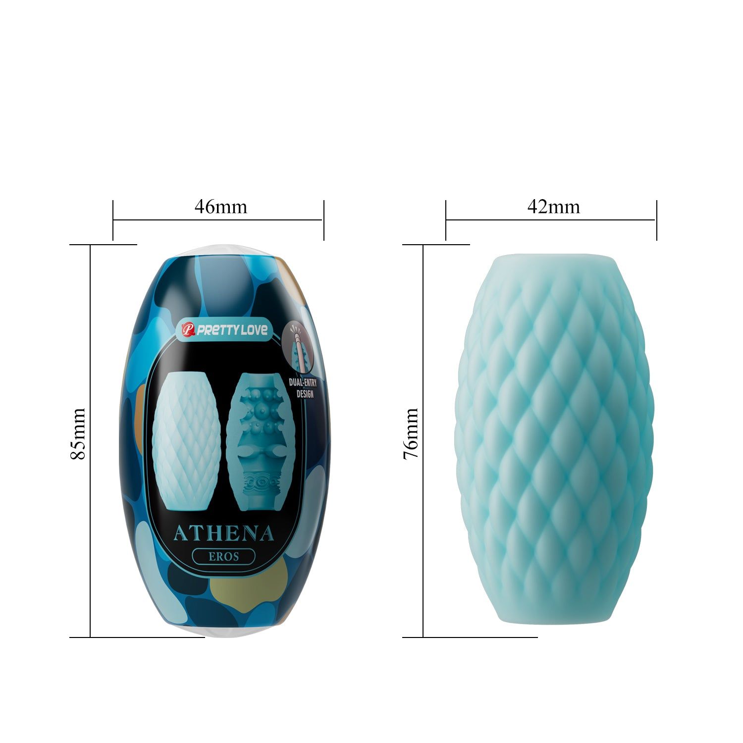 Confezione con prodotto e dimensioni. Prodotto: blu, a forma di diamante. Dimensioni: 85x46x42x76mm.