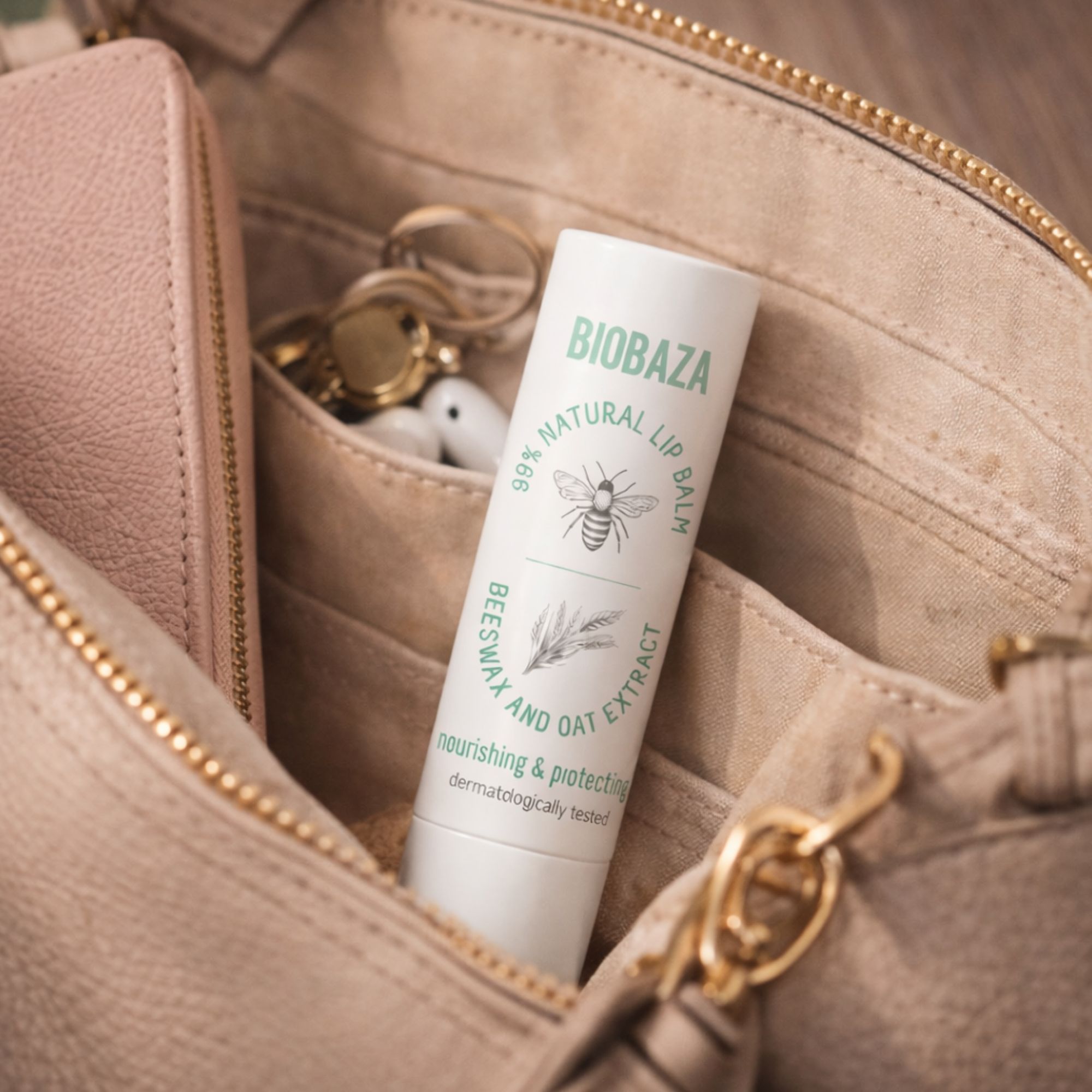 Stick di balsamo per labbra bianco in una borsa marrone chiaro. Lo stick riporta la scritta "BIOBAZA", "99% NATURAL LIP BALM" e "BEESWAX AND OAT EXTRACT".