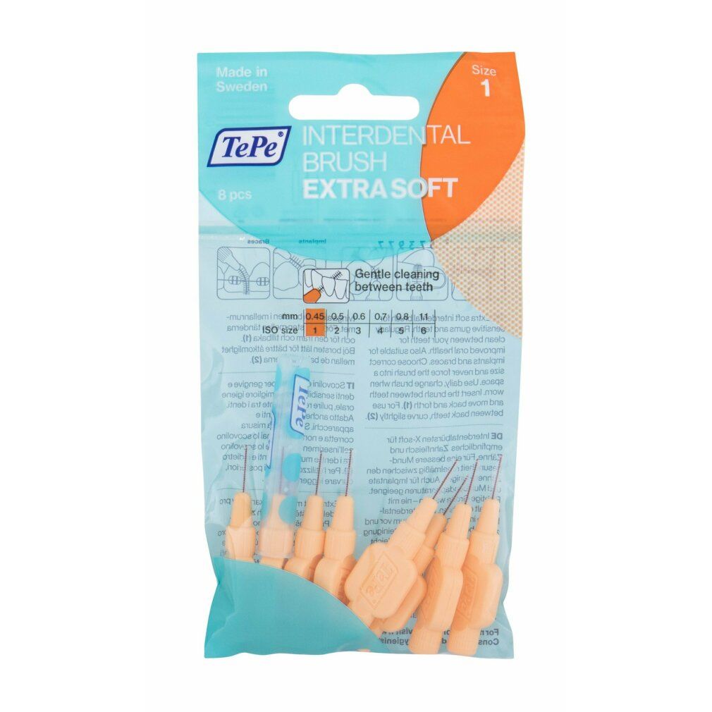 Confezione di 8 scovolini interdentali arancioni chiari TePe Extra Soft, taglia 1. Imballaggio trasparente. Setole e manici visibili.