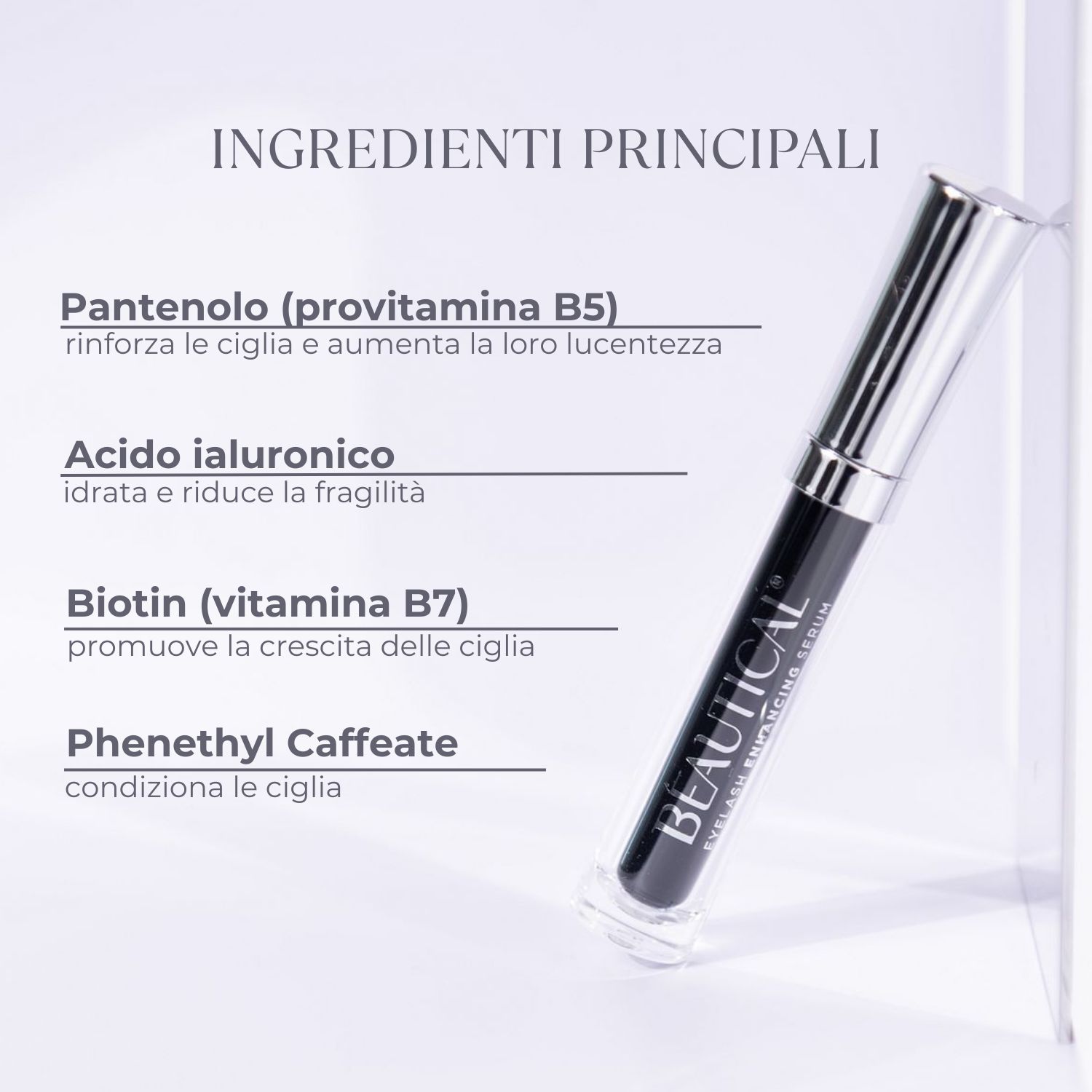 Siero per ciglia BEAUTICAL. Flacone nero con applicatore. Tappo argentato. Ingredienti.