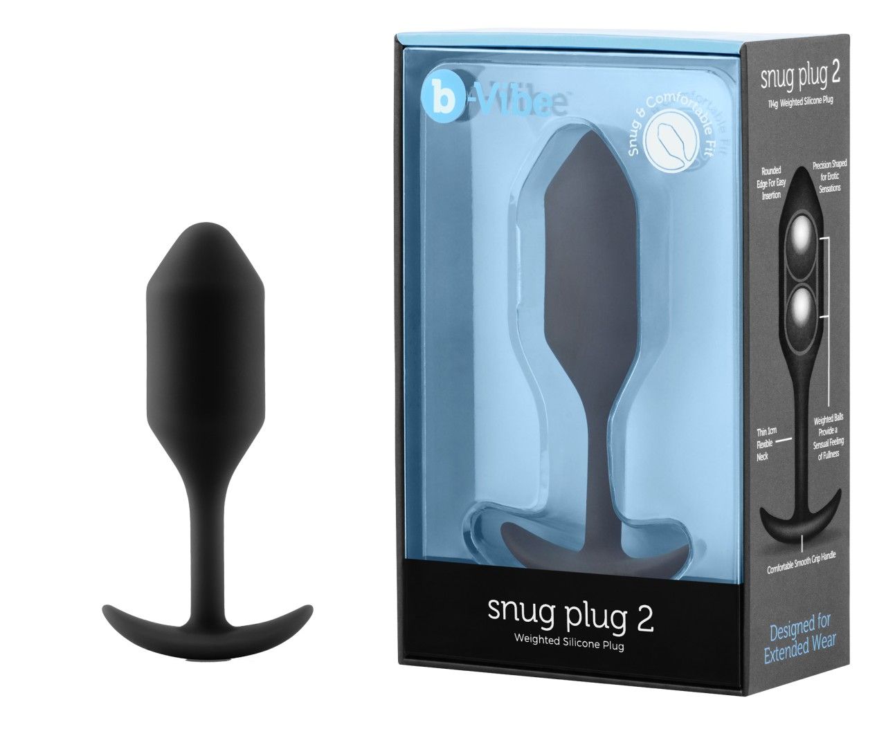 Confezione con plug anale lestato nero in silicone. Nome del prodotto 'snug plug 2'.