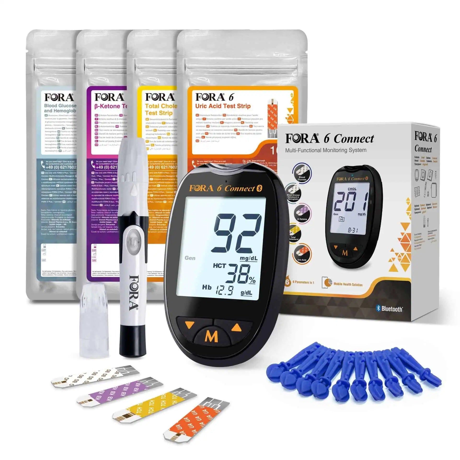 Sistema di monitoraggio multifunzione FORA 6 Connect con strisce reattive per glucosio, chetone, ematocrito, emoglobina e acido urico.