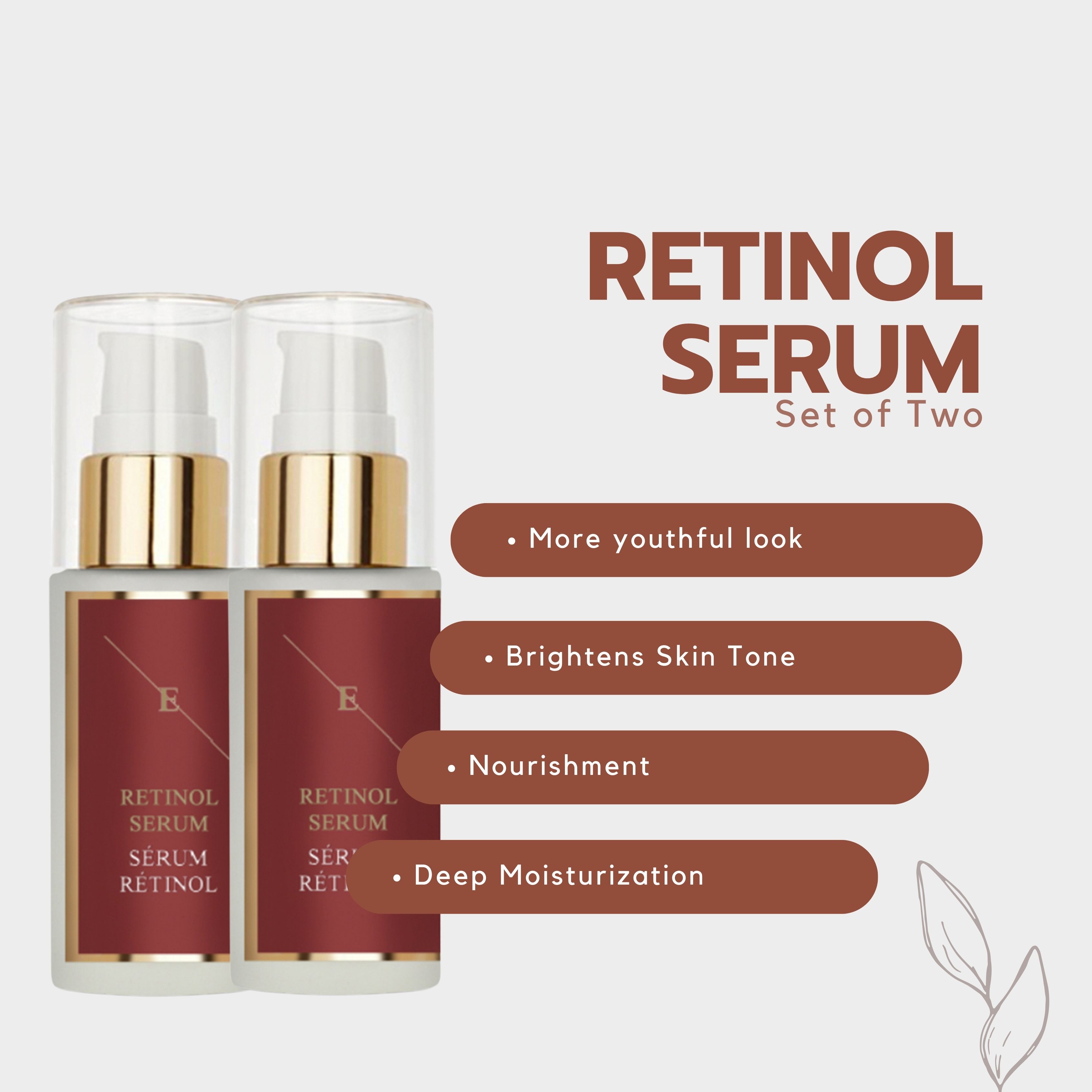 Due flaconi di siero con dosatore a pompa. Etichette rosse con testo bianco: RETINOL SERUM, RETINOL sotto. Testo: Set of Two. Vantaggi su barre marroni.