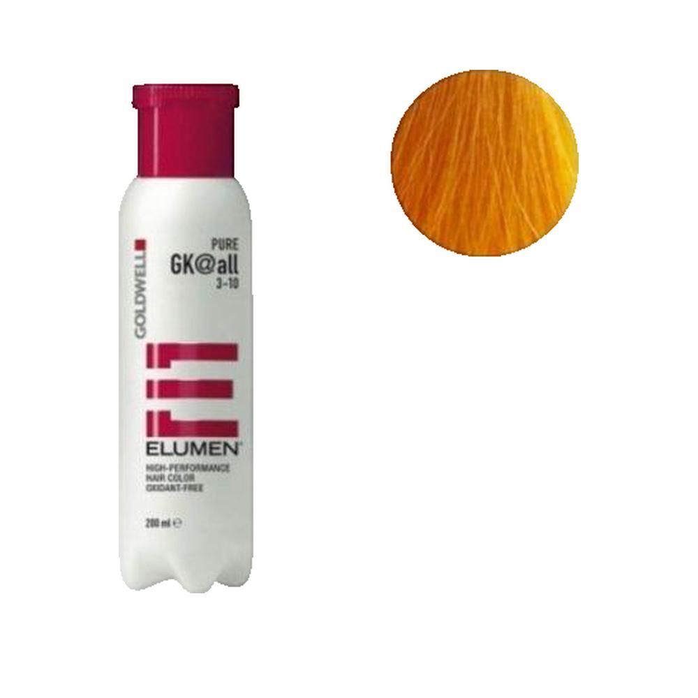 Flacone Goldwell Elumen con campione colore. Flacone bianco, tappo rosso, testo: GK@all, Elumen. Campione: giallo.
