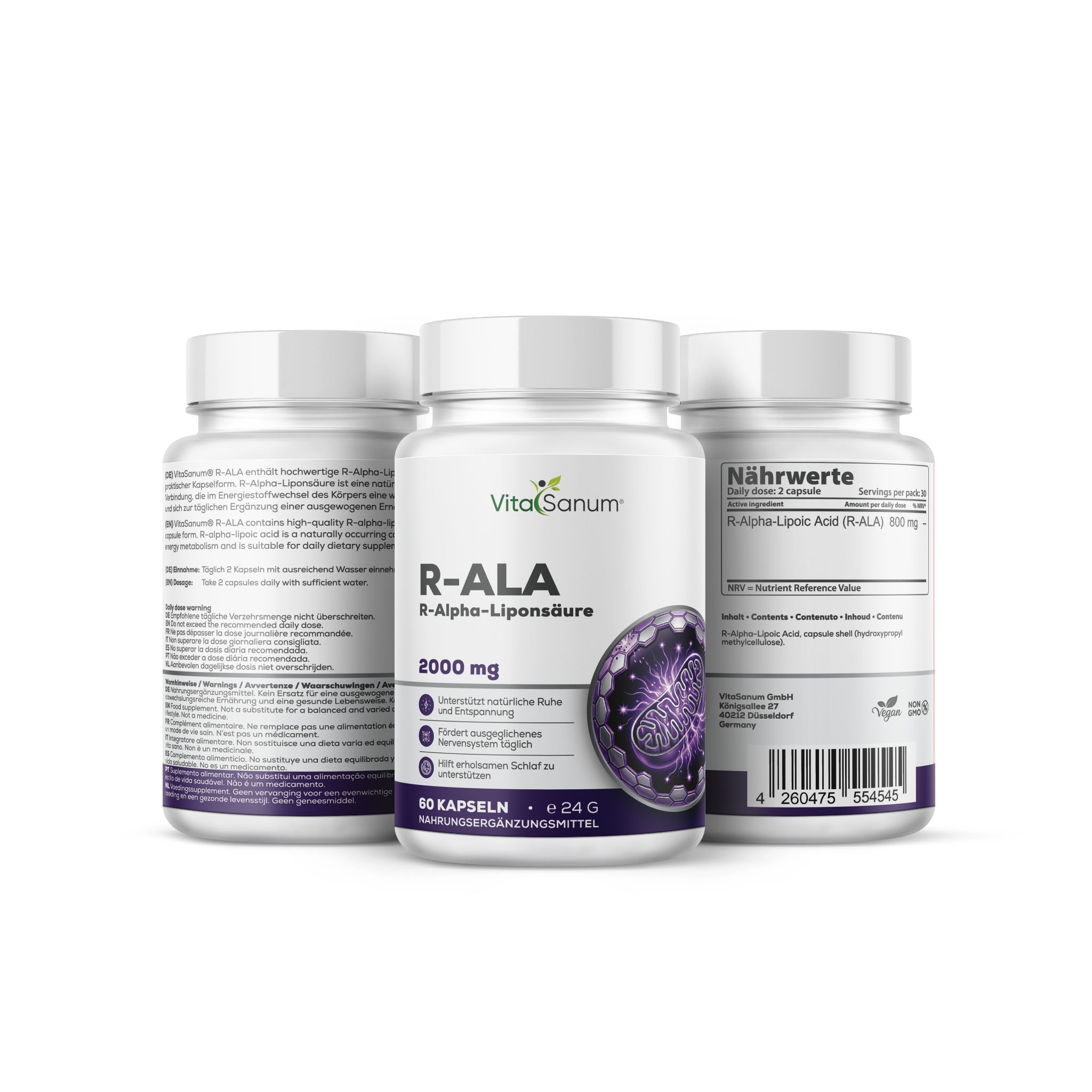 VitaSanum R-ALA R-Alpha-Lipoic Acid Capsules, 60 count, with back label.
