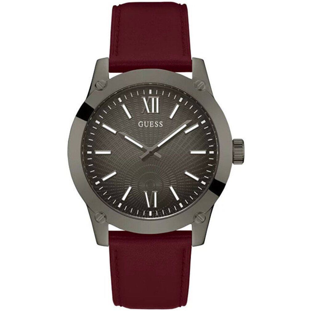 Orologio da uomo con quadrante grigio, numeri romani e cinturino in pelle bordeaux.