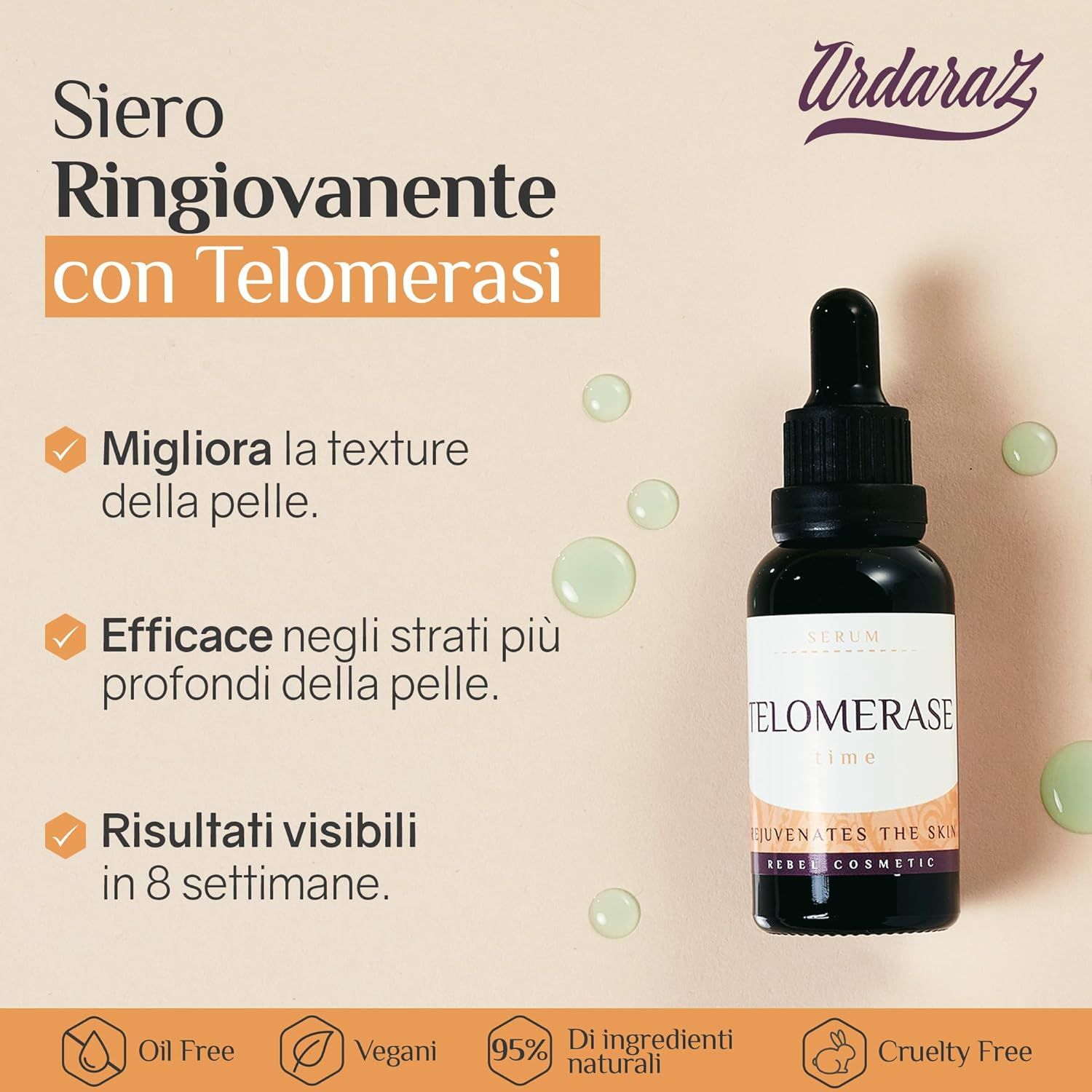 Flacone di siero con testo. Testo: Siero Ringiovanente con Telomerasi. Loghi: Senza olio, Vegano, 95% naturale, Cruelty Free.