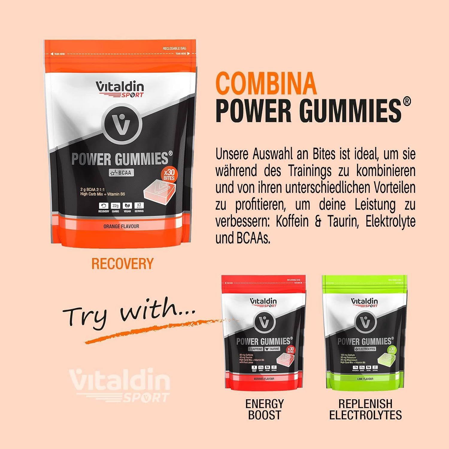 Diverse bustine di Power Gummies BCAA. Arancione, rosso e verde. Testo: Combina Power Gummies.