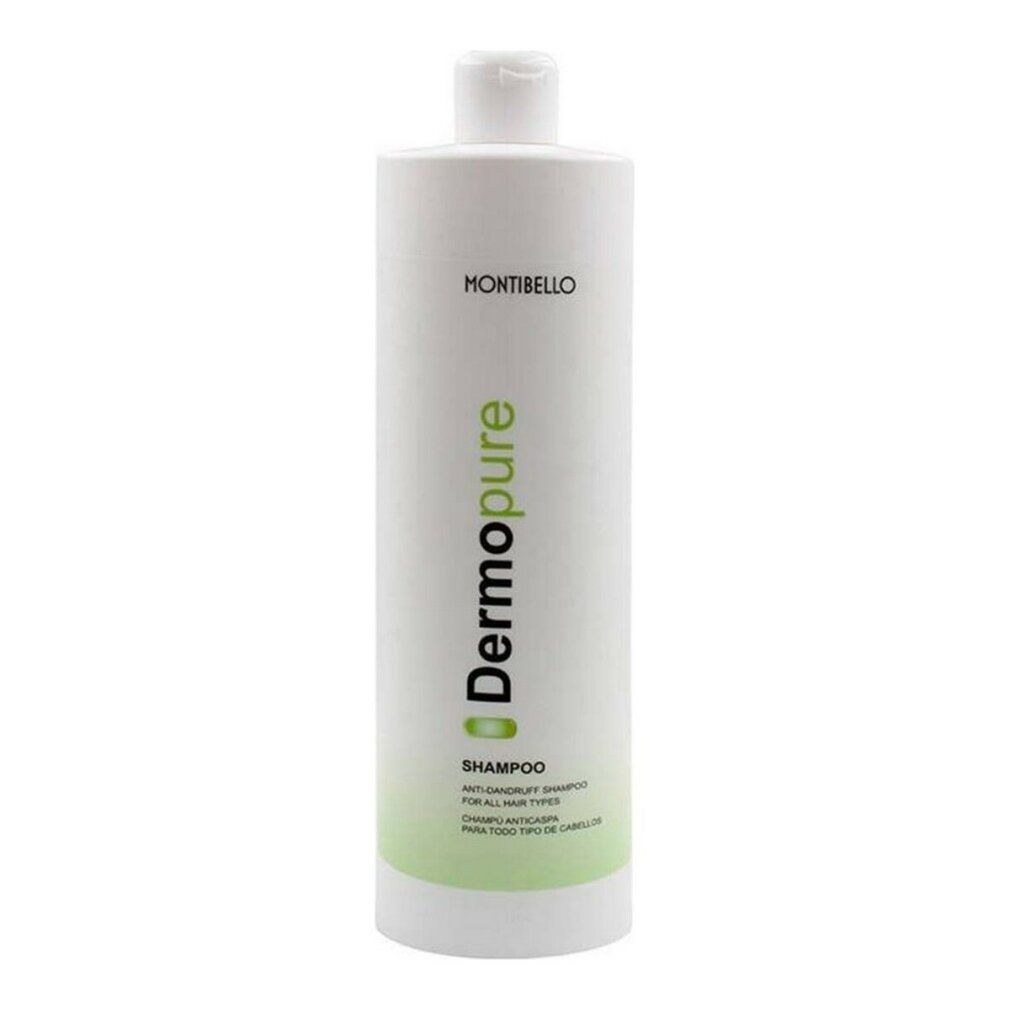 Flacone bianco Montibello Dermopure Shampoo, shampoo antiforfora per tutti i tipi di capelli.