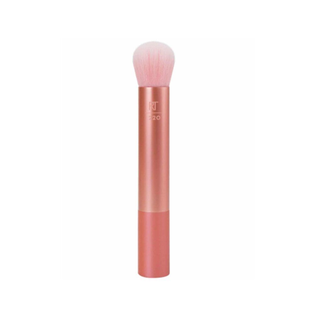 Pennello per polveri con setole rosa e manico color rame. Sul manico è stampato "RT" e "20".