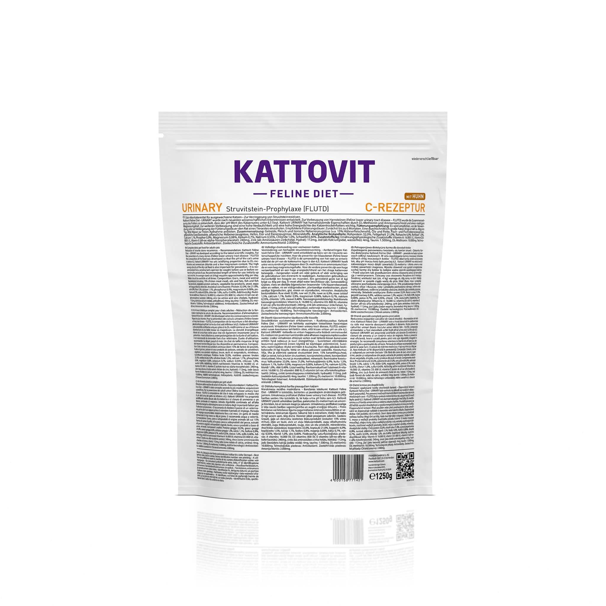 Confezione di cibo secco KATTOVIT Urinary. Sacchetto bianco con testo e logo. Retro con testo. C-ricetta.